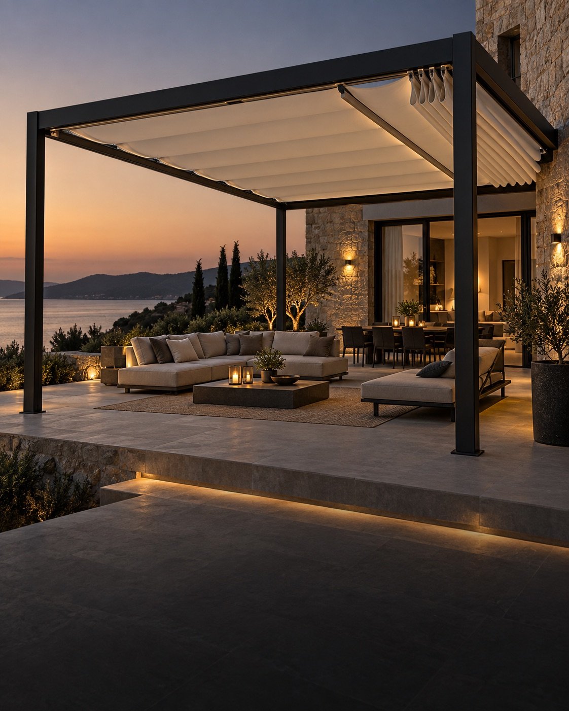 Alüminyum taşıyıcılar üzerinde hareketli kumaş pergola teknik görselleştirmesi